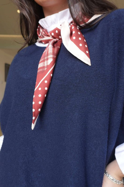 Plaid & Polka Border Triangle Silk Neckerchief Deep Rust